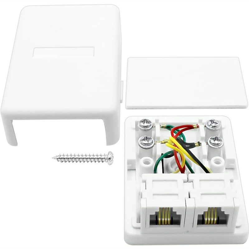 NECABLES Phone Jack Surface Mount Dual Port Telephone Jack Box 4 Screw Terminals to 2 RJ11 6P4C Female White - Image 2